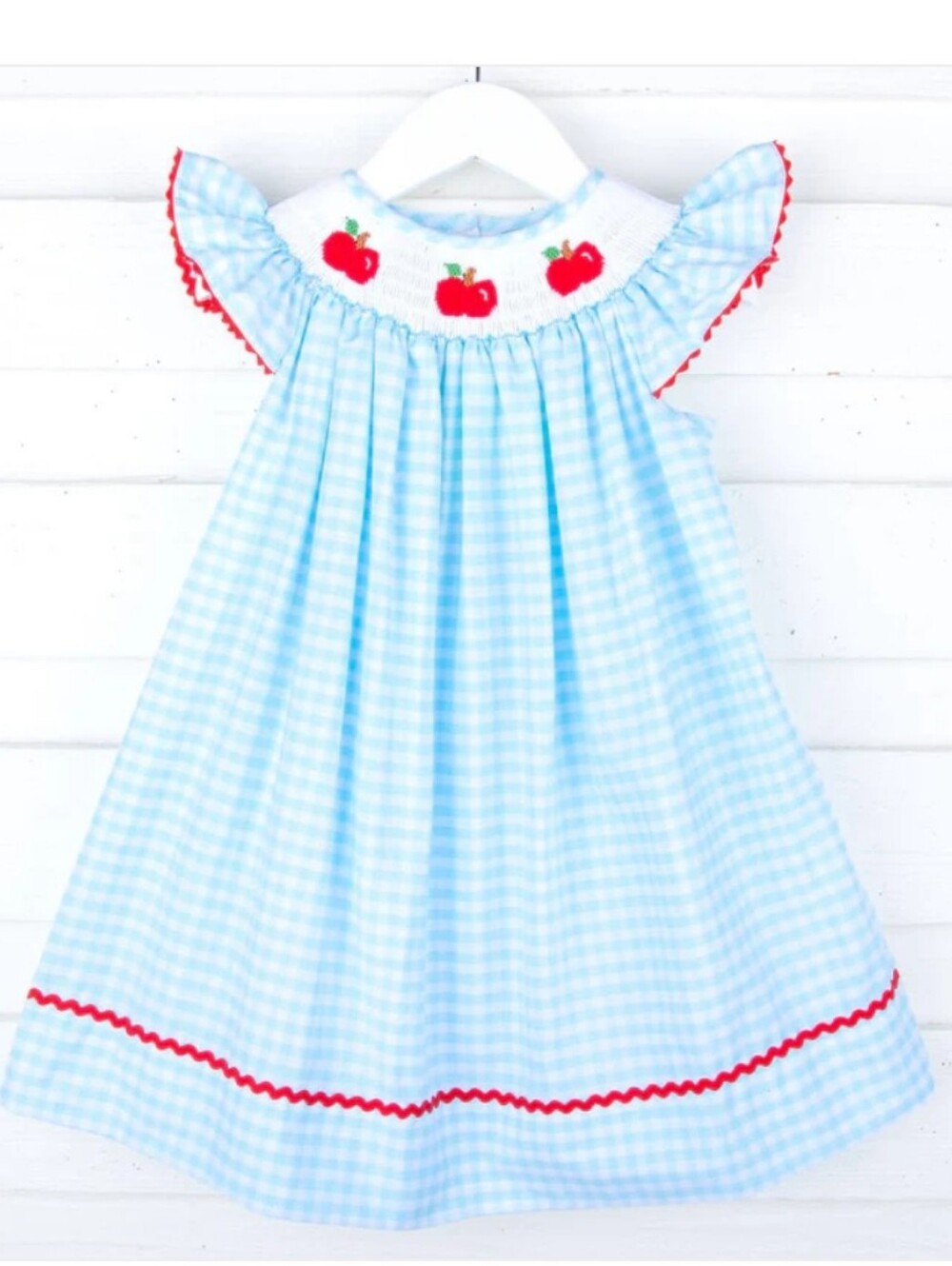 Classic Whimsy Girls Size 7 Apple Smocked Aqua Check Angel Sleeve Dress